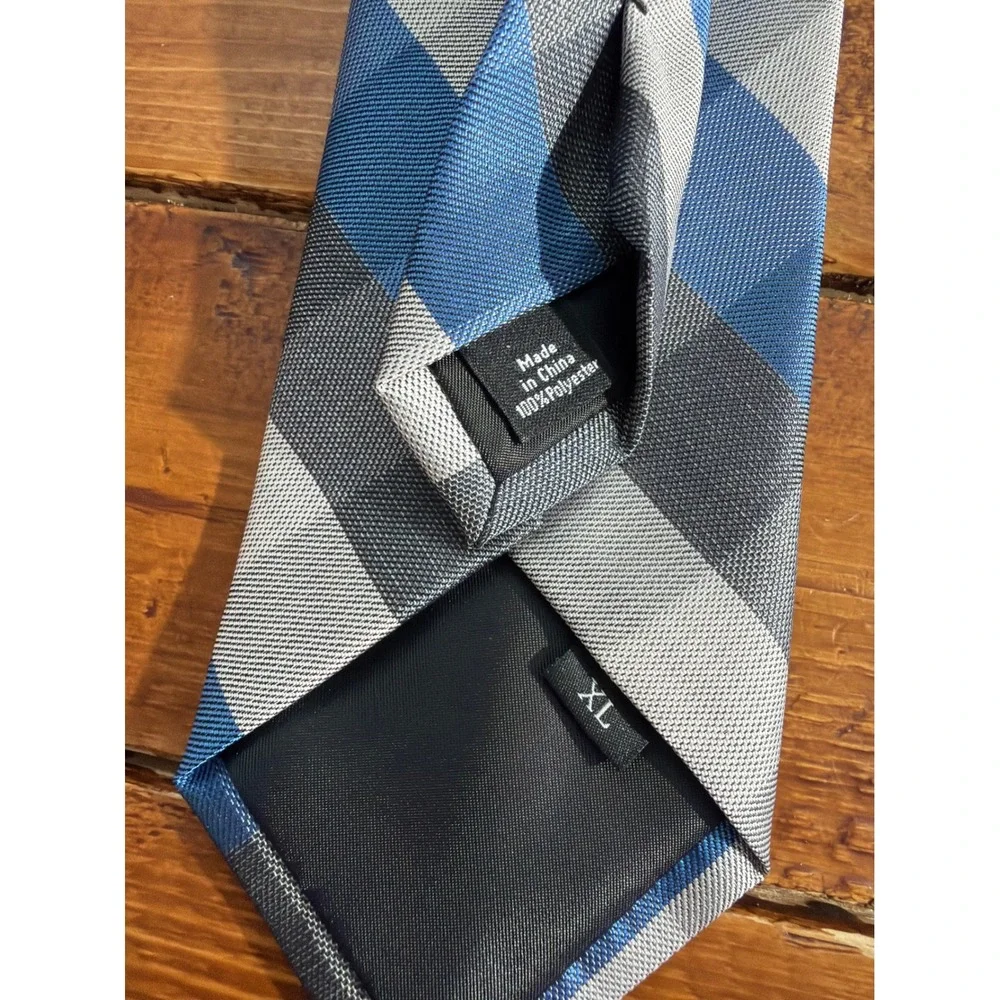 JF J.Ferrar Necktie Mens XL Blue Gray Plaid Extra Long Tie Bar JC Penny‎ NEW